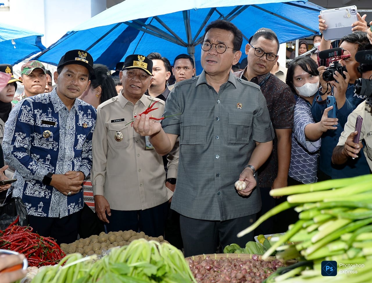 Wakil Gubernur Sumatera Utara Surya mendampingi Menteri Perdagangan RI Budi Santoso pada kunjungan kerja (kunker) di Pasar Gambir Kecamatan Tebingtinggi, Kota Tebingtinggi. (Kominfo Sumut Dok)