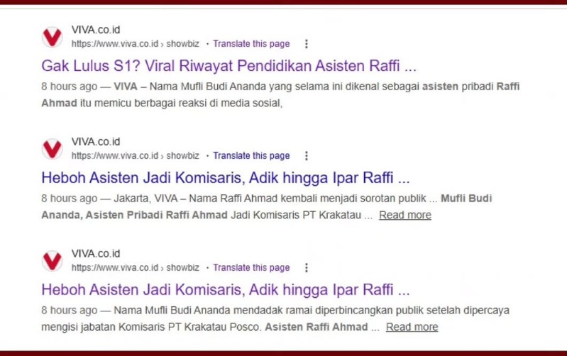 Berita Asisten Raffi Ahmad Jadi Komisaris Anak Usaha BUMN yang Dimuat Viva.co.id Tinggal Error 404
