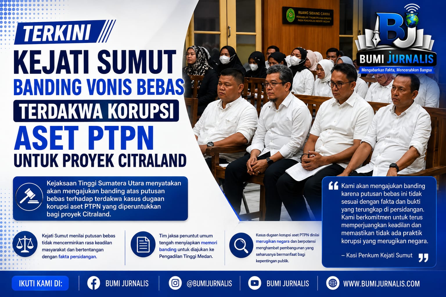 Kejati Sumut Banding Vonis Bebas Terdakwa Korupsi Aset PTPN untuk Proyek Citraland